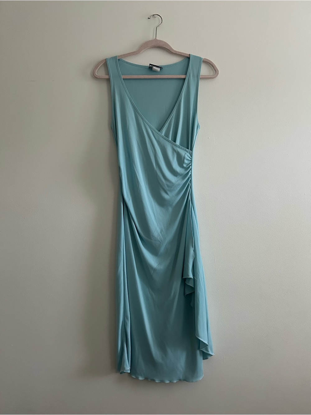 Vintage Y2K Rhapsody Light Blue Sleeveless Wrap-Front Dress with Ruffle Detail